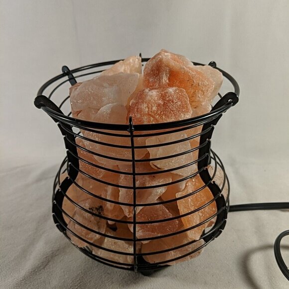 Himalayan Salt Lamp Pink Black Wire Basket Light Accent Lamp Metal Large Big - Picture 7 of 13